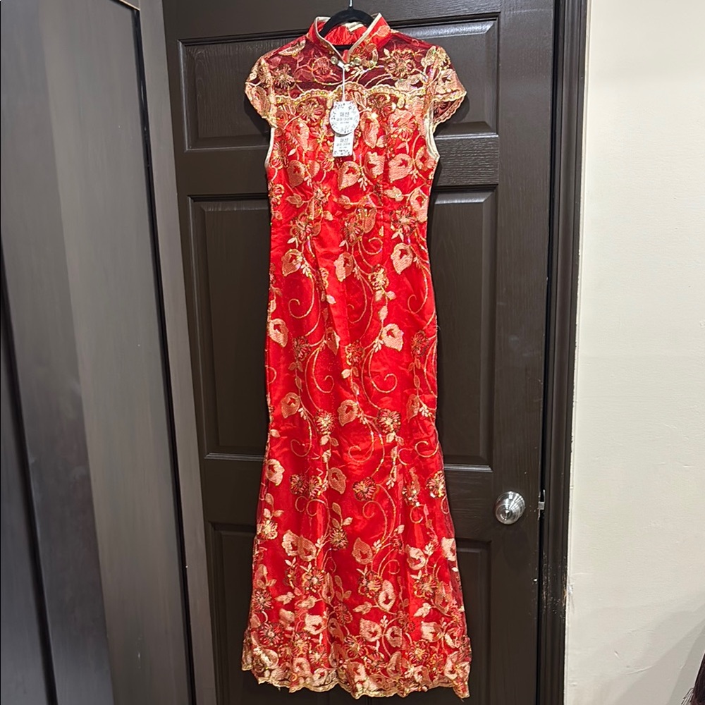 Elegant Red and Gold Floral Cheongsam Dress